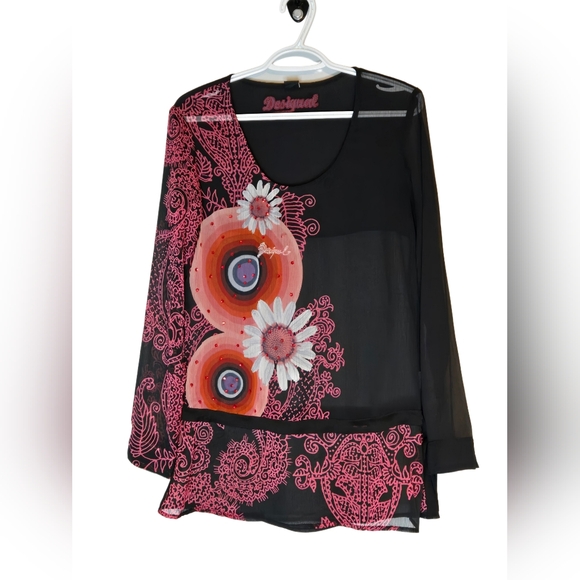 Desigual Tops - Desigual Black Sheer Blouse with Pink and Orange Floral Print